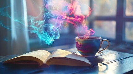 Wall Mural - Colorful Smoke Rises From A Teacup Beside An Open Book