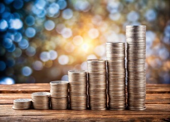 Poster - Growing Financial Success: A Pile of Silver Coins with a Blurred Background and Bokeh Effect on Wood, Symbolizing Prosperity and Investment Growth