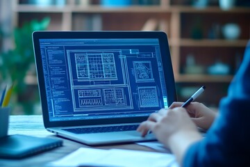 Poster - A person working on a laptop displaying architectural blueprints and designs.