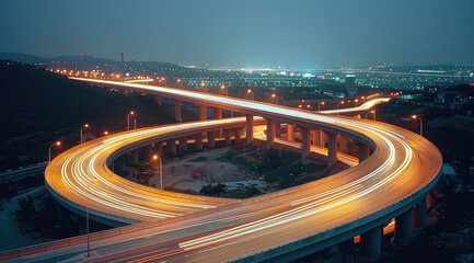 Poster - The lights strokes building a curve over a highway. blur motion.