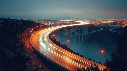 Poster - The lights strokes building a curve over a highway. blur motion.