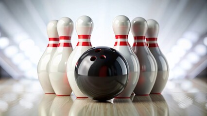 Poster - Hand Drawn Black Bowling Ball and White Pins with Red Stripes Isolated on White Background - Tilt-Shift Photography Effect for a Unique Perspective