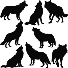 Wall Mural - eight wolf silhouettes collection isolated on white