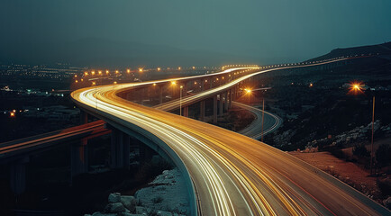 Poster - The lights strokes building a curve over a highway. blur motion.