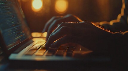 Poster - Close-up of hands typing code on laptop at night.