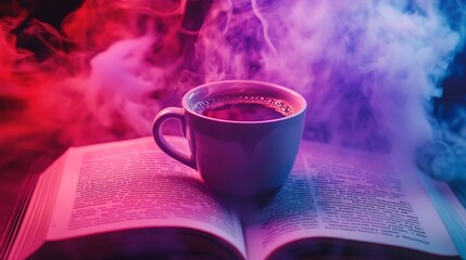 Wall Mural - Coffee Steaming on Open Book in Colorful Smoke