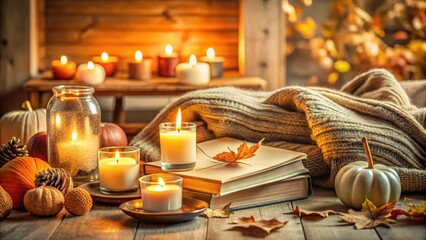 Poster - Cozy Autumn Evening with Candlelight, Warm Blanket, and a Book
