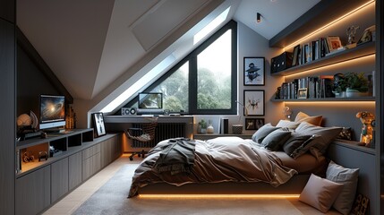 Poster - A large teenager room in the attic with one sloping wall, on one sloping wall there is a window, a gaming desk underneath, LED illuminated shelves, a large wardrobe.