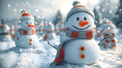 Aufkleber - Snow scape in winter. snowmen with hats and scarfs. They have carrots for noses. They have buttons for eyes and mouth. On a pure white background.