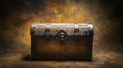 Aufkleber - Antique Wooden Chest With Metal Accents Rests On Dark Background