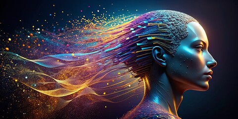 Poster - Head graphic composed of streamlined particles showcasing modern design concepts and digital creativity in a captivating visual representation of innovation and technology.