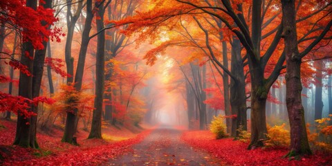 Poster - A winding path through a misty forest, illuminated by a soft golden light, revealing vibrant red, orange, and yellow foliage