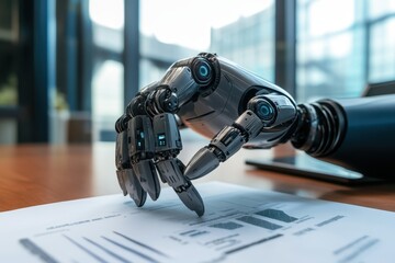 Fototapete - Robotic hand analyzing business documents in a modern office setting