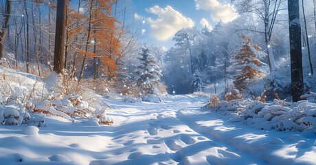 Poster - Forest during winter, Christmas ambience, clear weather it's sunny.