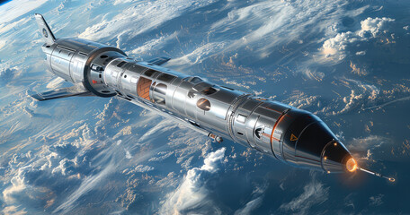 Aufkleber - Silver cargo spaceship in space.