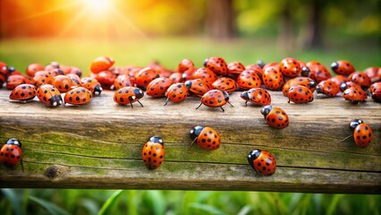 Fototapete - A cluster of ladybugs gather on a weathered wooden surface, bathed in the soft glow of a setting sun, their bright red shells contrasting with the green foliage and warm brown tones of the wood.