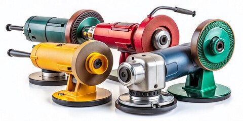Poster - High-Quality Portrait Photography of an Electric Grinding Machine Showcasing Various Angles on a Clean White Background for Industrial and Manufacturing Applications
