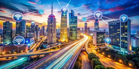 Poster - High-Speed Internet Connection Quality Check in Urban Setting with Cloud Technology Visuals and Modern Infrastructure Elements for Speed Test Concept