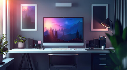 Poster - A modern home office setup for a web designer in a cozy bedroom. The workspace features a minimalist desk with dual monitors displaying creative design work.