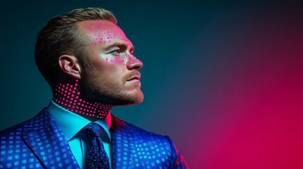 Wall Mural - business style portrait of a man in a suit with vibrant lighting in blue and magenta tones capturing