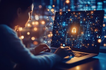 Poster - Person engages with laptop displaying digital security symbols at night in a modern workspace