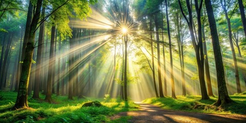 Poster - Sunlight streams through a dense forest canopy, casting long shadows on the green grass and a winding path