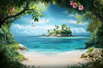 Wall Mural - Tropical beach landscape with vibrant flora and tranquil waters during daylight hours