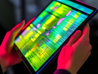 Poster - A person holding a brightly lit tablet displaying colorful data and text.