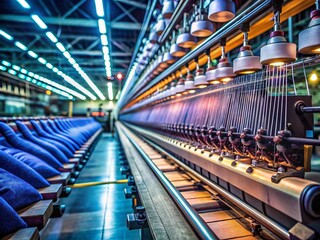 Poster - Industrial Automatic Machine Weaving a Shirt with Bobbin Threads in Low Light Textile Factory Setting Showcasing the Complex Process of Shirt Manufacturing Using Professional Needles