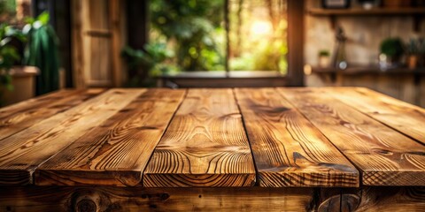 Poster - Rustic wooden table top with a blurred background of greenery and sunlight through a window