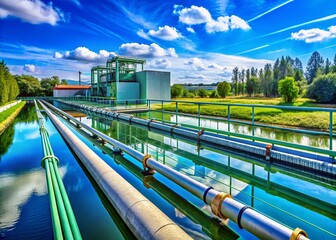 Poster - Industrial Water Pipeline in a Water Treatment Plant with Clear Blue Sky and Copy Space for Environmental and Infrastructure Themes