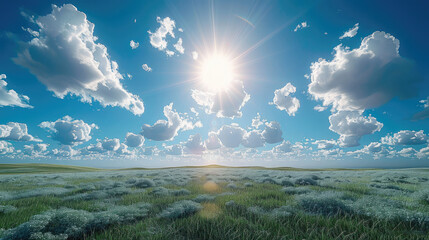 Poster - Blue sky, white clouds, beautiful scenery, bright sunshine, grassland.