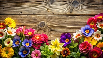 Poster - A vibrant floral border on a rustic wooden background showcasing a kaleidoscope of colors and textures.