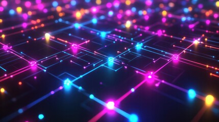 Poster - blockchain network with multiple nodes and connections radiating outward. Each node is illuminated with neon colors,