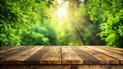 Aufkleber - Rustic wooden table surface with a blurred background of lush greenery and dappled sunlight, perfect for showcasing products, displaying food, or creating a serene scene.