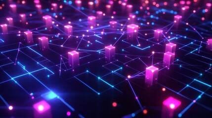 Poster - blockchain network with multiple nodes and connections radiating outward. Each node is illuminated with neon colors,