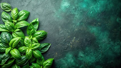Poster - A lush border of vibrant green basil leaves against a textured dark green backdrop, creating a natural and inviting culinary canvas.