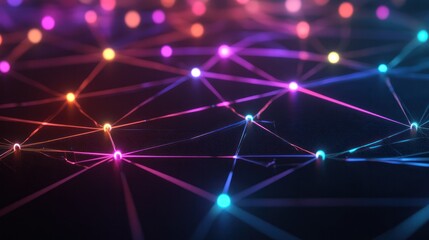 Poster - blockchain network with multiple nodes and connections radiating outward. Each node is illuminated with neon colors,