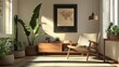 © Watanabe - Sunlight streams into a minimalist living room, illuminating a comfortable armchair and lush potted plants. A world map print hangs on the wall, adding a touch of global flair.