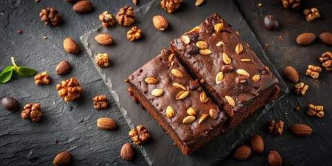 Poster - Two Squares of Chocolate Brownie Topped with Almonds and Walnuts on a Black Slate Surface