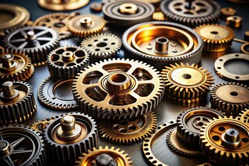 Poster - Intricate Metallic Gears of Various Sizes and Shapes Rotating in Perfect Synchronization, Showcasing Industrial Complexity and Mechanical Precision Against a Dark Background