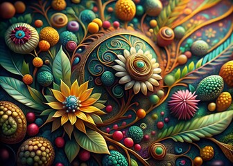 Poster - Intricately Ornate Illustration Featuring Nature Elements, Abstract Patterns, and Vibrant Colors in a Detailed High Depth of Field Scene for Art and Design Enthusiasts