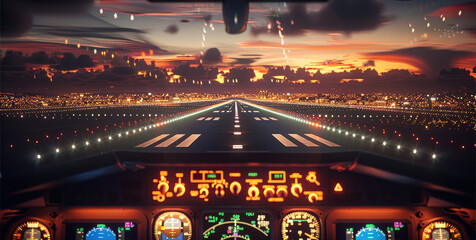 Poster - A nighttime landing from the perspective of a cockpit approaching a runway. The runway lights should be vividly illuminated, with white centerline lights guiding the path.