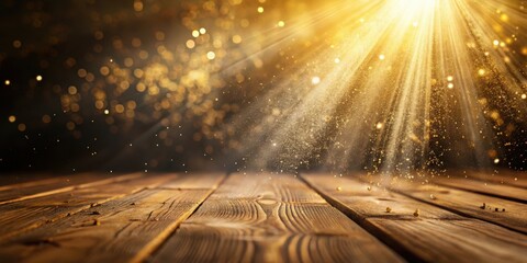 Poster - Golden Light Rays Illuminating a Rustic Wooden Surface with a Scattered Dust of Glimmering Particles