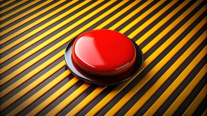 Poster - Isolated Red Button on Black and Yellow Striped Background in 3D Rendering, Emphasizing Candid Photography and Minimalism for Creative Projects