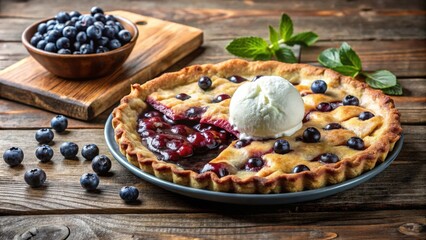 Aufkleber - A Homemade Blueberry Pie Topped with a Scoop of Vanilla Ice Cream, Served on a Rustic Wooden Table
