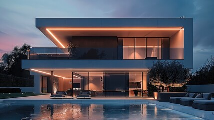 Poster - A modern villa at night. neon light with colorful LED lighting.
