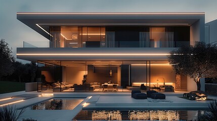 Aufkleber - A modern villa at night. neon light with colorful LED lighting.