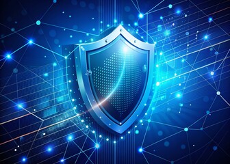 Poster - Isometric Shield Representing Cyber Security with Connecting Dots and Lines for Data Privacy Protection in a Modern Digital Background with Copy Space for Text