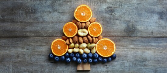 Canvas Print - Festive arrangement of fruits and nuts shaped like a Christmas tree on a wooden board featuring oranges blueberries and almonds